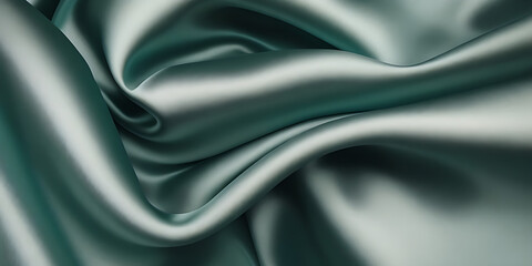 Wall Mural - Abstract grey silver silk satin. Soft, wavy folds. Shiny fabric surface. Luxurious emerald green background with copy space for design.