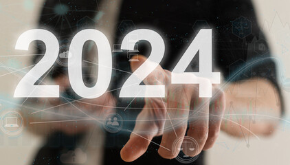 Poster - Businesswoman pointing at figure 2024 among others ones on grey background