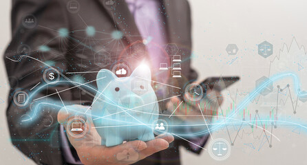 Aufkleber - Businessman on blurred background using tech devices and icons thin line interface