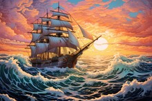 Anime Style Picture Of A Old Traditional Big Sailing Ship In The Ocean, Ai Tools Generated Image