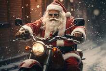 Santa Claus On A Motorcycle In A Hurry To Distribute Gifts For Christmas