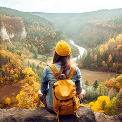 Wall Mural - a woman sitting on top of a rock looking out over a valley in the fall with yellow and orange leaves