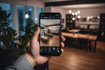 Poster - A person remotely monitoring their home security cameras on a smartphone to ensure safety. Generative Ai.