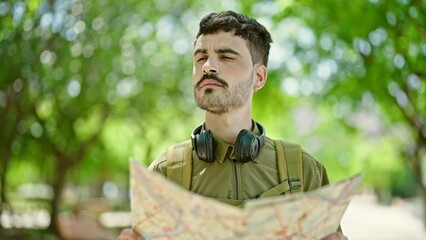 Wall Mural - Young hispanic man tourist wearing backpack and headphones looking map at park