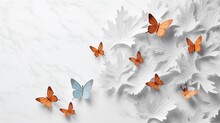 3d Illustration, Butterflies And Maple Leaves On White Stone Background