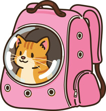 Simple And Adorable Illustration Of Orange Tabby Cat In A Backpack Carrier