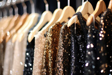 Store Closeup Of Sequined Evening Gowns On Hangers. Сoncept Choosing Fashionable Evening Gowns, The Advantages Of Sequins, Care Of Evening Gowns, Store Layout For Apparel Displays