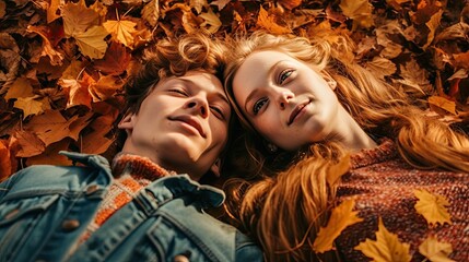 Poster - two beautiful young women lying on the ground in autumn leaves, smiling and looking at each other girls stock photo