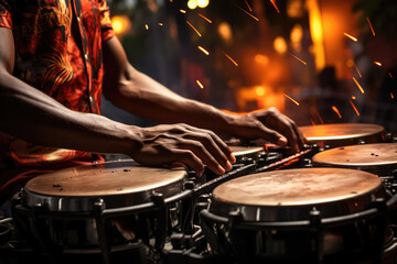 Aufkleber - a close-up of a person's hand striking traditional steel drums, creating lively caribbean rhythms. g