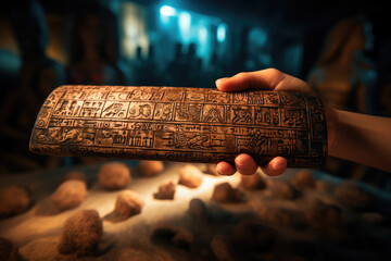 Wall Mural - A close-up of a person's hand holding a scroll of ancient Mayan hieroglyphs, recounting historical tales. Generative Ai.