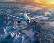 Verkehrsflugzeug, Passagierjet fliegt über den Wolken, Generative KI