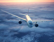 Verkehrsflugzeug, Passagierjet fliegt über den Wolken, Generative KI
