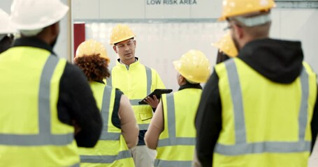 Aufkleber - Factory, worker and group with question for manager in meeting for safety inspection and industrial rules for workplace. Manufacturing, team and supervisor speaking or training warehouse staff