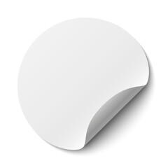 Poster - Circle adhesive symbols. White tag, paper round sticker with peeling corner and shadow, isolated rounded plastic mockup, realistic round paper adhesive sticker mockup with curved corner - vector
