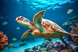 Fototapeta Fototapety do akwarium - Meeresschildkröte (Cheloniidae) schwimmt im Meer, Unterwasser, Generative KI