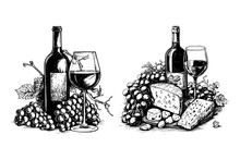 Wine Grapes And Cheese Cheeseboard Illustration In Black And White Hand-drawn Vintage Style