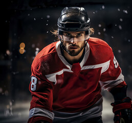 A hockey player in a black helmet and red uniform at the hockey arena looks into the camera. Ai