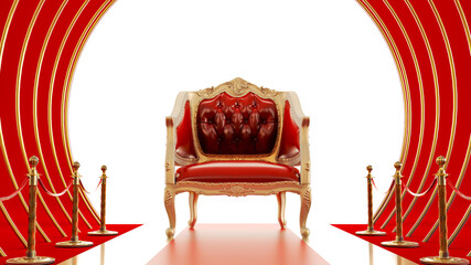 Wall Mural - 3D render of red carpet with barrieres leading to a gold and red armchair, vip concept