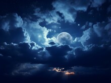 Blue Moon, Full Moon Behind Clouds, Night Time, Night Sky, Blue Light, Cosmos, Space, Night, Moon In The Sky, Close-up, Astronomy, Moon Crescent, Close-up, Sky At Night, Night Time, Dark, Planet, 