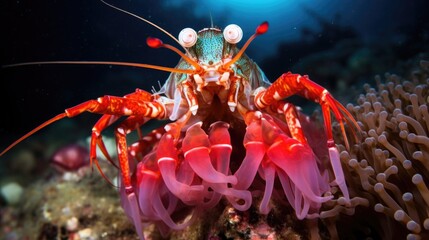 Wall Mural - Vibrant mantis shrimp underwater on coral reef. Sea life macro background..