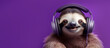 © ds17 - Cheerful sloth listening to music with headphones on a purple background