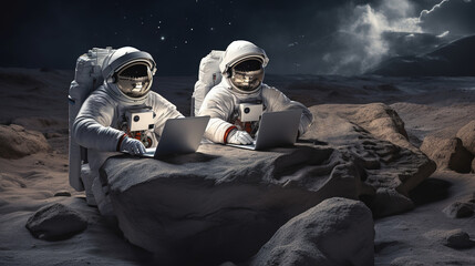 two astronauts work in a laptop on an alien planet