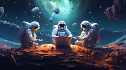 Wall Mural - illustration of three astronauts working in a laptop on an alien planet