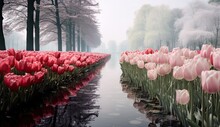 Pink Tulips In The Middle Of A Pond Surrounded By Trees With White And Red Tulips On Either Side
