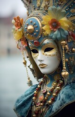 Wall Mural - a woman wearing a blue mask with flowers on it's head and the face is covered in gold jewelry