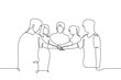 group of people from men and women put their hands together - one line art vector. the concept solidarity, teamwork, association, groups of friends, friendly team, sports team, team building