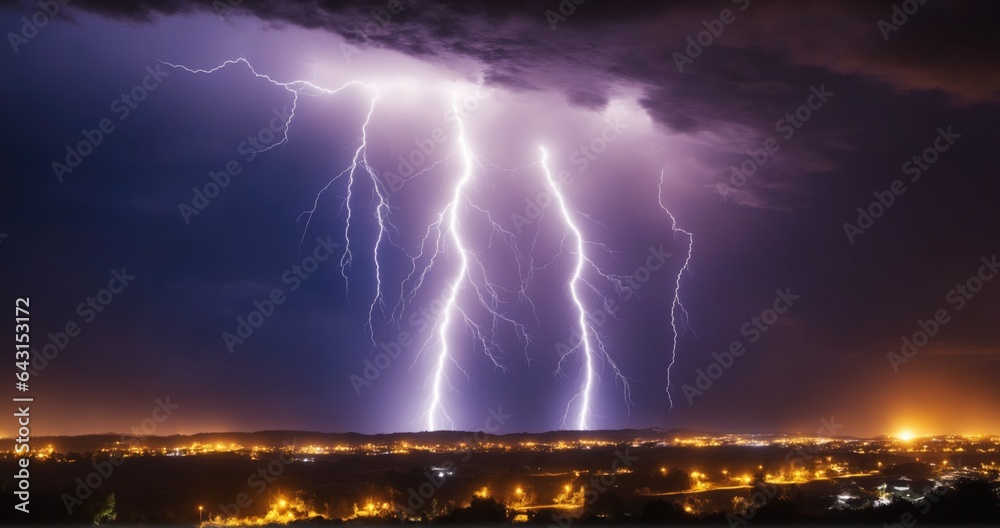 Stormy night with lightning illuminating the city skyline. Ideal for ...