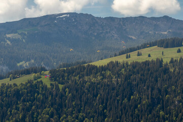 Wall Mural - Paragliders Flying down The Swiss Alps with Mountains in the background in Switzerland in Summer