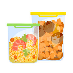 Plastic containers with leftover food vector illustration. Cartoon isolated transparent boxes with lids and meals left over from dinner or lunch, meatball pasta and fried rice with shrimp under cover