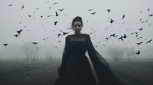 Model Amidst A Swarm Of Crows, Capturing Chaos And Drama, Set In A Foggy Open Field