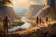 Paleolithic tribe walking by the river
