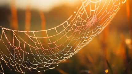 Gentle morning dew on a spider web, macro photography, vivid, soft backlighting, delicate and intricate