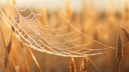 Gentle morning dew on a spider web, macro photography, vivid, soft backlighting, delicate and intricate