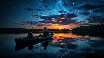 Wall Mural - angler in a kayak, starry sky, Milky Way, fishing rod resting, calm lake, reflection of stars on water