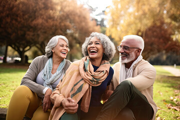 Sticker - Elderly Friends Embracing Joy: Three Active Seniors Laughing and Bonding Outdoors in a Relaxing Garden Setting