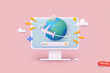 Time to travel concept. Business trip banner with planet and search app. 3D Web Vector Illustrations.