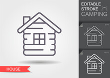 Cabin Icon. Outline House Icon With Editable Stroke. Linear Symbol Of Camping With Shadow.