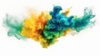 fondo proyectado de polvo de colores  azul, amarillo, naranja y verde en forma de explosión sobre fondo blanco