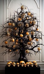 Wall Mural - a halloween tree with skulls and pumpkins hanging from it's branches in the shape of a human skull