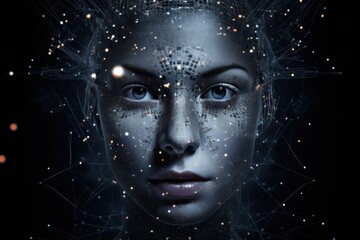 Poster - portrait of a girl. face recognition concept. identification technology