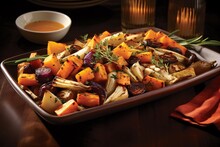 A Sumptuous Display Of Roasted Root Vegetables. Capture A Tray Laden With Golden-browned Parsnips, Turnips, And Beets, Their Natural Juices Glistening Under The Soft Light