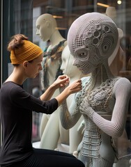 Wall Mural - a woman working on a manne in front of a store window with an artificial human head made out of wire