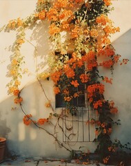 Wall Mural - an orange flower growing on a white wall with a window in the background and potted plant next to it