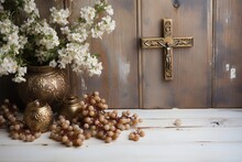 Catholic Religion Composition On White Wooden Background With Copy Space