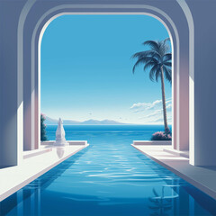 Wall Mural - Infinity pool illustration overlooking the sea