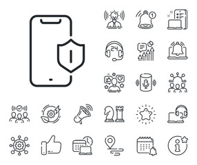 Poster - Phone shield sign. Place location, technology and smart speaker outline icons. Smartphone protection line icon. Mobile device symbol. Smartphone protection line sign. Vector